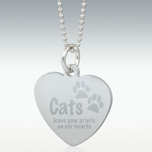 Cats Leave Paw Prints Engraved Heart Pendant - Silver