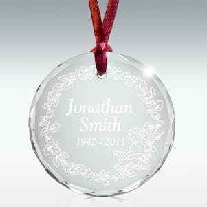 Angel & Wreath Round Crystal Memorial Ornament - Free Engraving