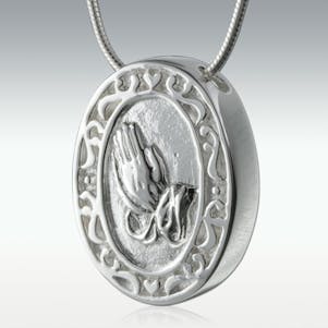 Oval Praying Hands Sterling Silver Cremation Jewelry