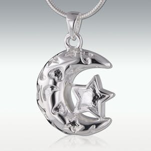 Moon & Star 14k White Gold Cremation Jewelry - Engravable