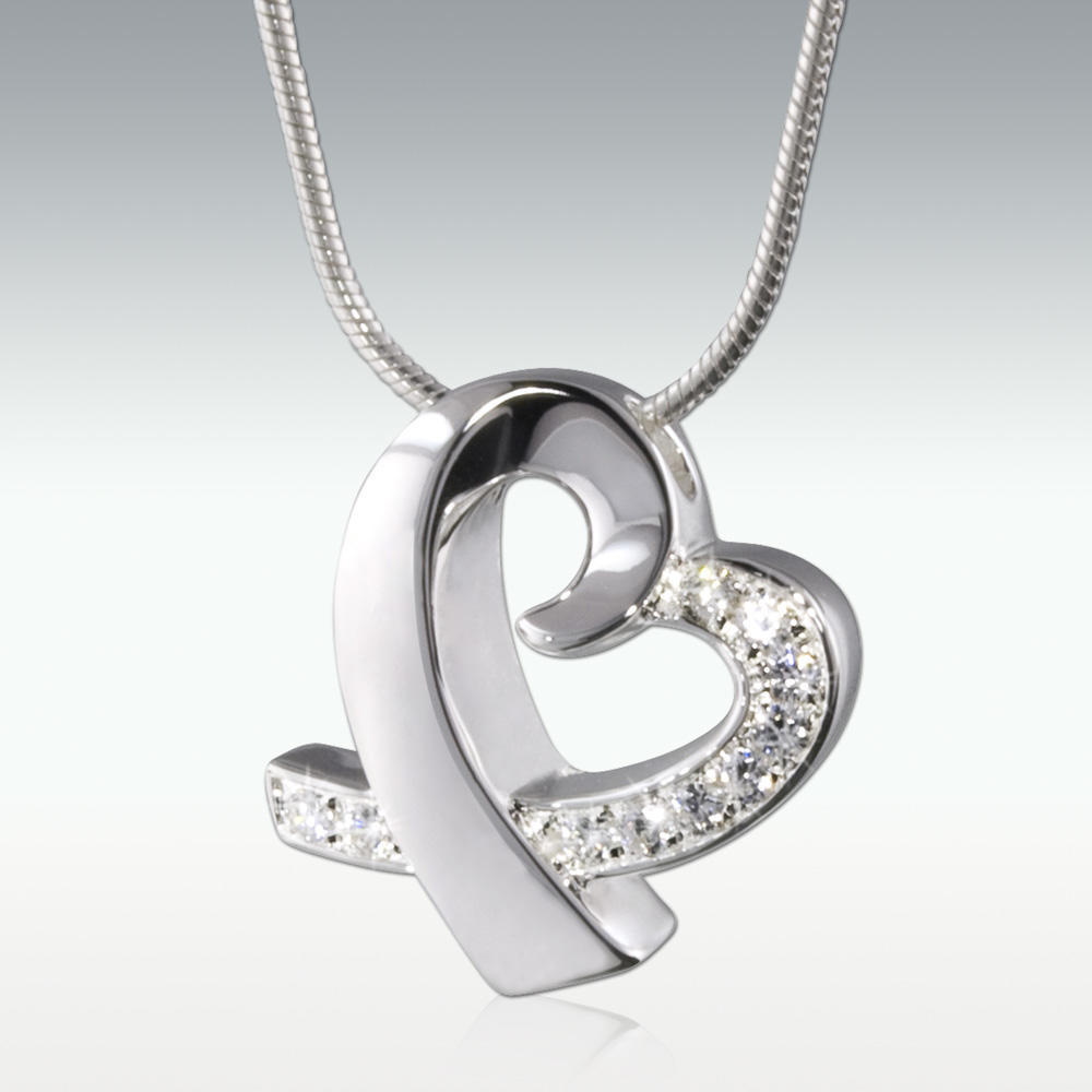 Tie Heart With Stones Sterling Silver Cremation Jewelry - Engravable