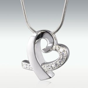 Tie Heart With Stones 14k White Gold Cremation Jewelry - Engr.