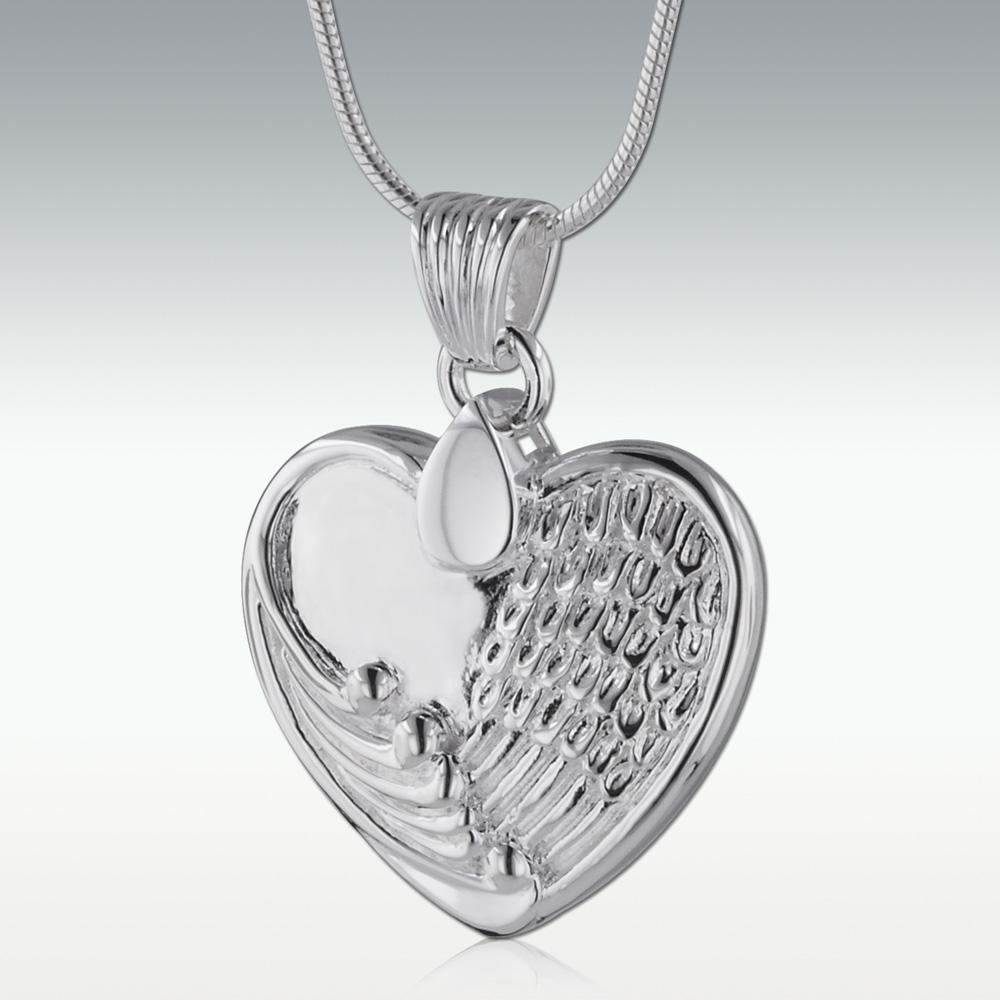 Angel Wing Heart Sterling Silver Cremation Jewelry - Engravable