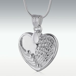 Angel Wing Heart 14k White Gold Cremation Jewelry - Engravable