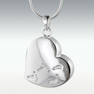 Footprints Heart 14k White Gold Cremation Jewelry - Engravable