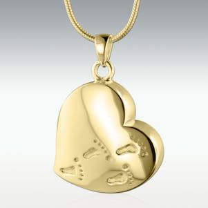 Footprints Heart Solid 14k Gold Cremation Jewelry - Engravable