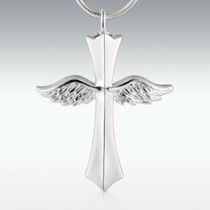 Heavenly Flight Cross Solid 10k White Gold Cremation Jewelry