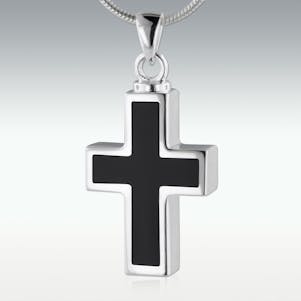 Black Inlay Cross 14k White Gold Cremation Jewelry - Engravable