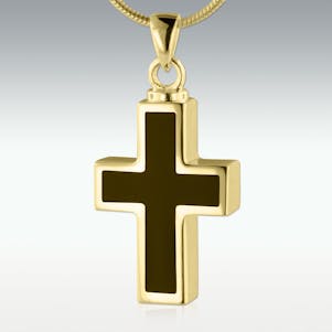 Black Inlay Cross Solid 14k Gold Cremation Jewelry - Engravable