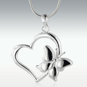Butterfly Heart 14k White Gold Cremation Jewelry - Engravable