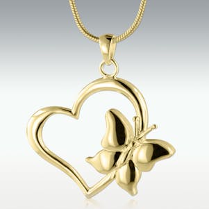 Butterfly Heart Solid 14k Gold Cremation Jewelry - Engravable