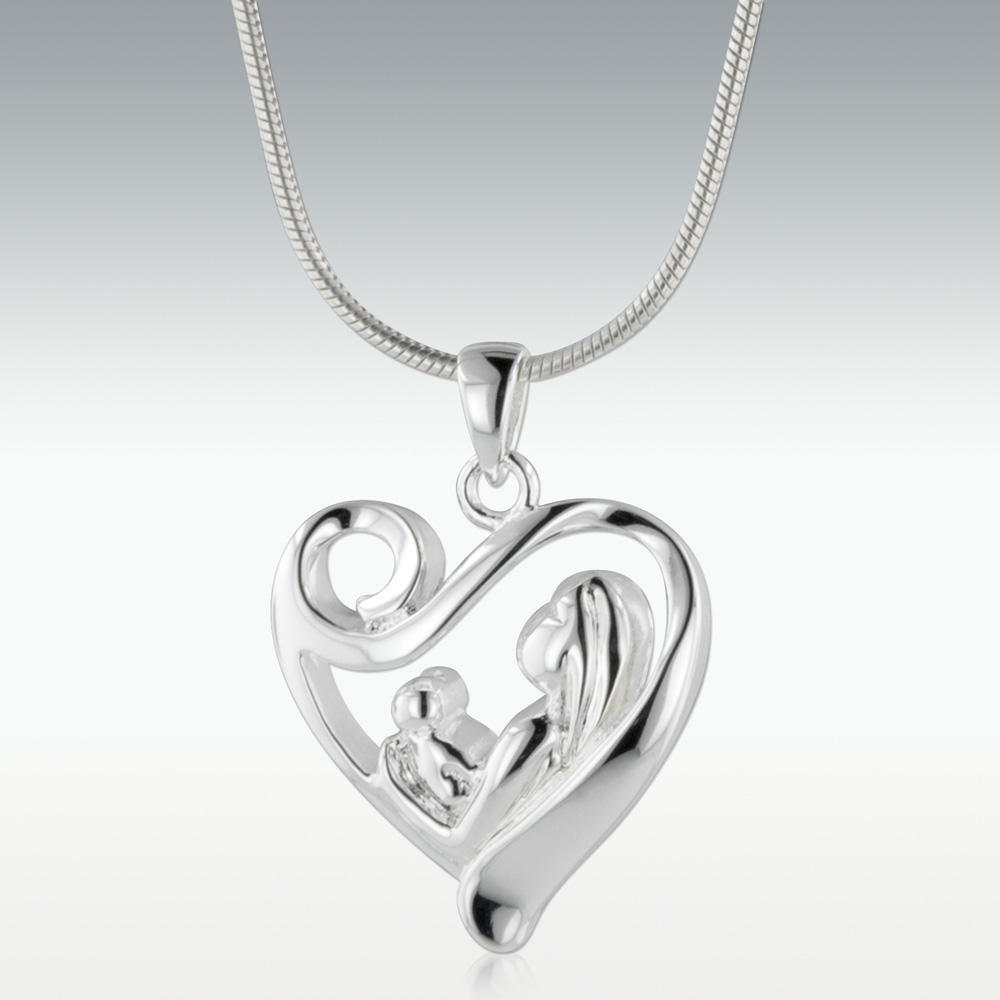 Mother & Child Heart 14k White Gold Cremation Jewelry - Perfect