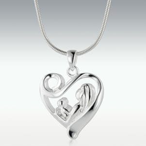 Mother & Child Heart 14k White Gold Cremation Jewelry