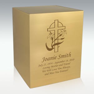 Cross with Flowers Bronze Cube Cremation Urn - Engravable