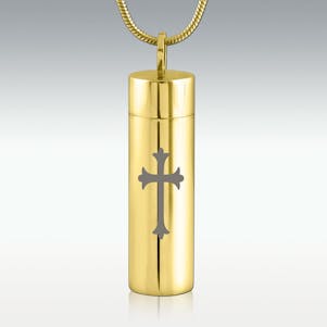 Cross Gold Cylinder Stainless Steel Cremation Jewelry-Engravable