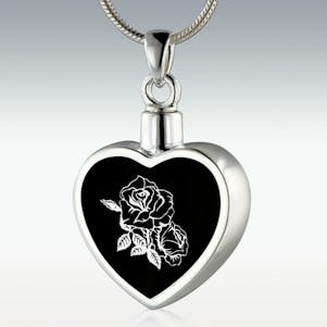 Roses Inlay Heart Sterling Silver Memorial Jewelry - Engravable