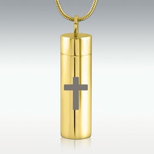 Traditional Cross Gold Cylinder Stainless Steel CremationJewelry